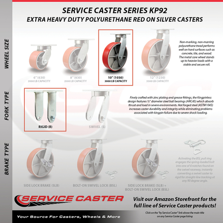 Service Caster 10 Inch Extra Heavy Duty Red Poly on Cast Iron Wheel Rigid Top Plate Caster SCC-KP92R1030-PUR-RS